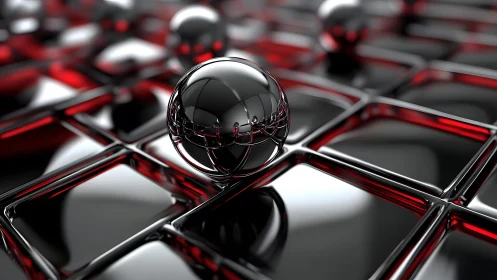 Reflective chrome sphere on red-black parametric grid surface.