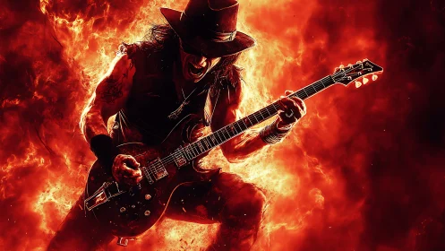 Inferno soloist shredding riffs inside a wildfire halo.