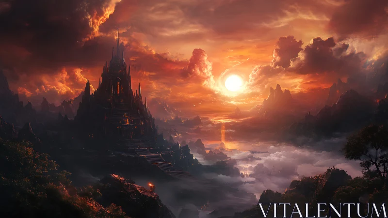Fiery sunset crowns a mystical fortress above drifting clouds
