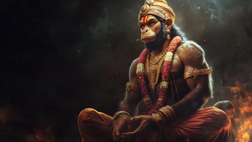 Monkey-headed deity in ornate attire sits amid smoky glow