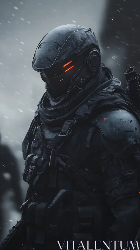 Storm-forged cyber soldier stalks a frozen war horizon.