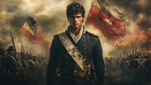 Defiant young officer leads burning battlefield charge. Period.