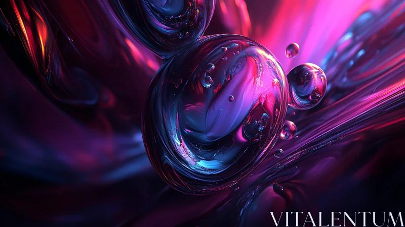 Iridescent glass orbs suspended in neon liquid flow.