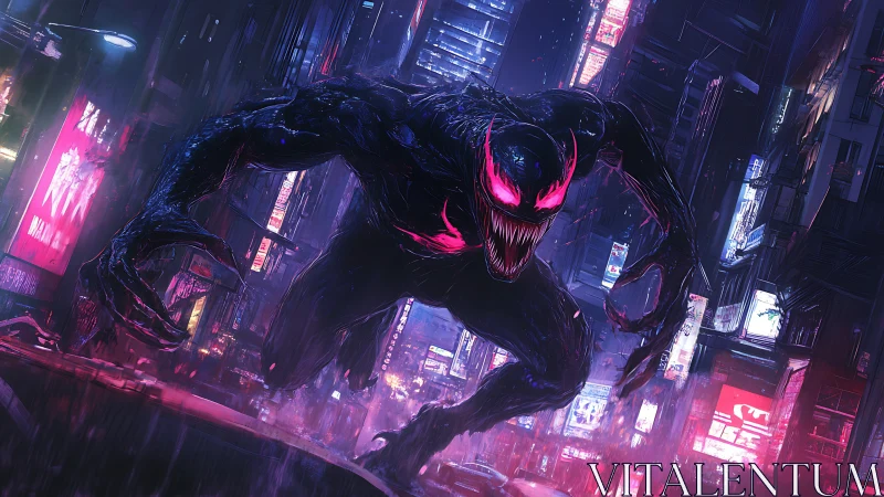 Neon-fanged monster prowls a rain-soaked cyberpunk skyline.