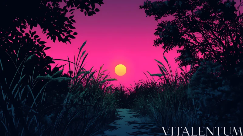 Sunset glows behind silhouetted foliage along narrow path