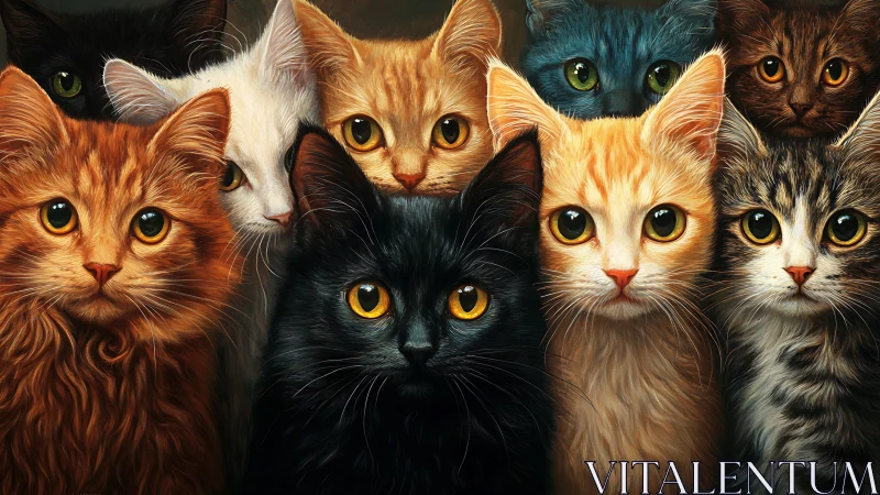Arrangement of seven cats depicting varied coat patterns and eye coloration.