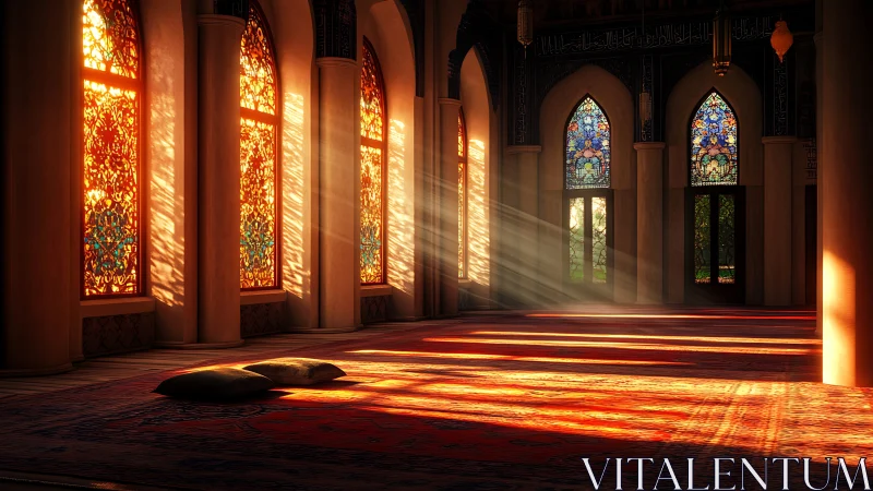 Golden sunlight pours into a tranquil mosque interior