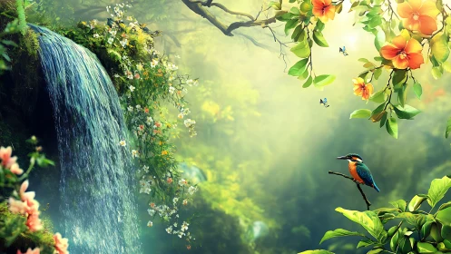 Luminous forest waterfall with kingfisher rendered in vivid digital detail