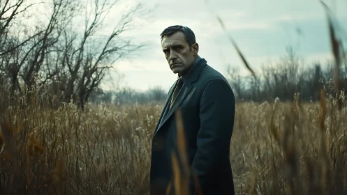 Solitary man in overcoat within muted winter marshland.