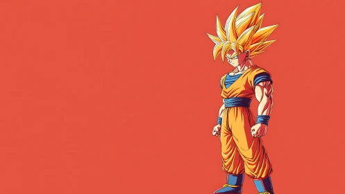 Spiky haired anime fighter on bold orange background.