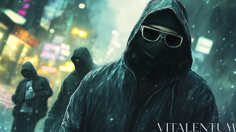 Hooded cyber-operators in neon rain, urban nocturne study.