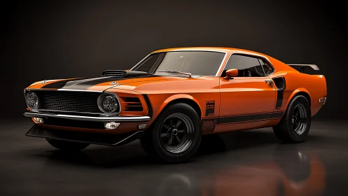 Orange fastback muscle car in high-contrast studio render.
