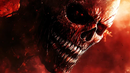 Burning demonic skull close-up against intense red fire.