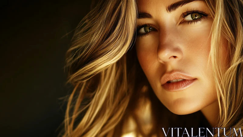 Close portrait of woman with golden hair and intense gaze.