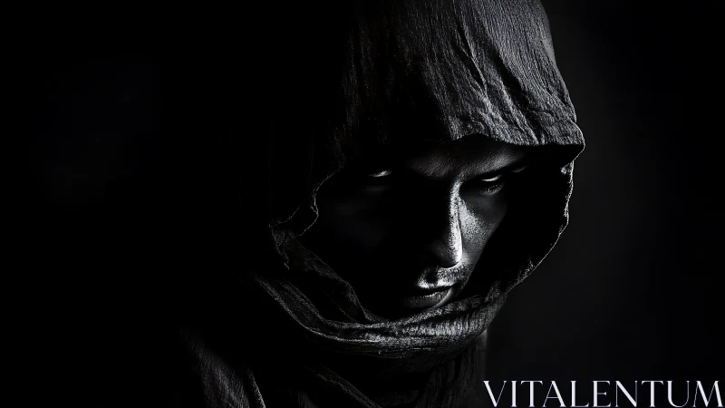 Low key hooded figure portrait with dramatic chiaroscuro lighting.