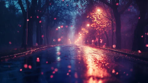 Rain-soaked city street with colored lights and wet pavement.