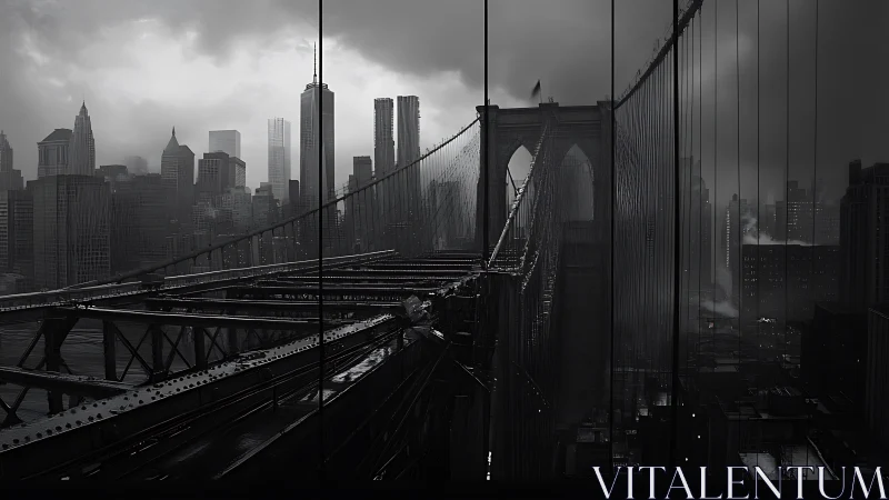 Suspension bridge spans urban skyline under overcast clouds
