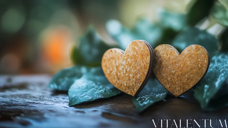 Golden Heart Ornaments on Weathered Wood with Teal Foliage.