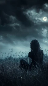Solitary woman contemplates a moonlit stormy night sky