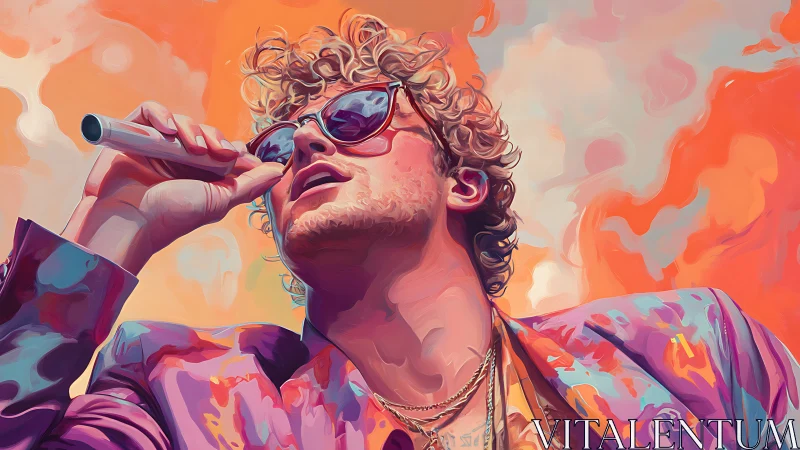 Male vocalist in colorful jacket holding microphone outdoors.