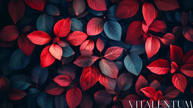 Crimson and cobalt leaves quietly rehearse a midnight bloom