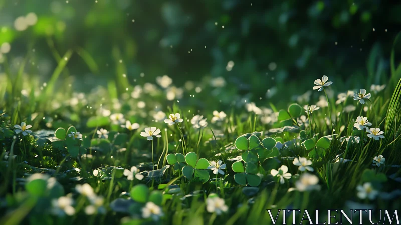 Sunlit wildflower meadow with clover and dewdrops glow.