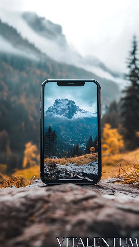 Optical alignment of smartphone frame and alpine vista field.