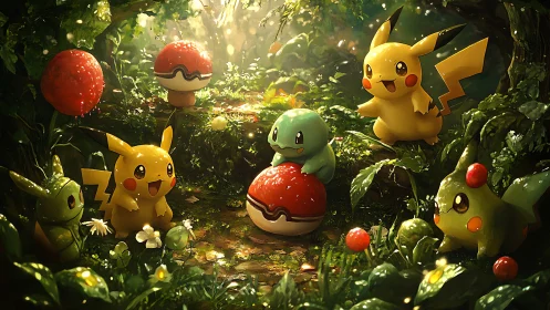 Playful electric and forest creatures gather in glowing glade.