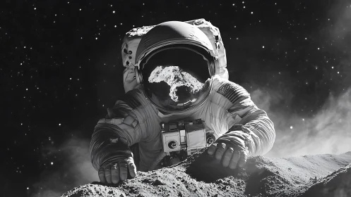 Astronaut on rocky lunar surface with reflected terrain view.