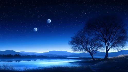 Dual moons over lacustrine horizon in nocturnal digital landscape.