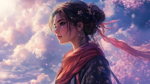 Digital painting portrait amid luminous clouds and blossoms.