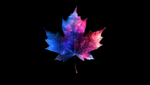 Neon galaxy maple leaf on deep black negative space.