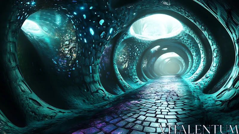 Glowing stone tunnel inviting you toward a soft unknown.