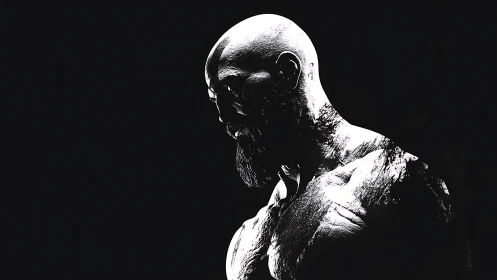 High-contrast monochrome bust of muscular bearded male figure.