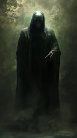 Shadowed reaper steps from the mist with quiet power.