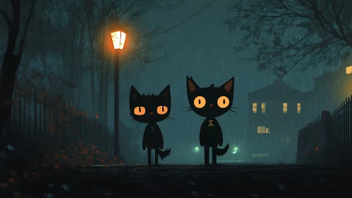 Two Black Cats with Luminous Eyes in Rainy Urban Alley