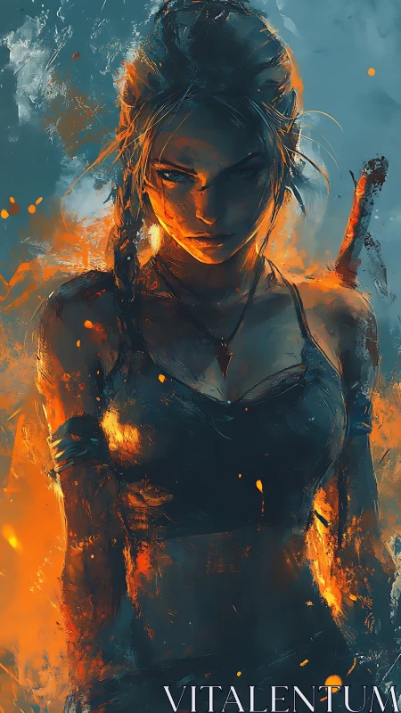 Dynamic warrior portrait with volumetric fire and cold rim light