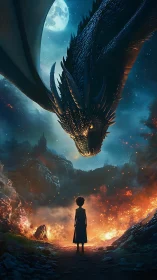 Child confronts looming moonlit dragon above fiery valley.