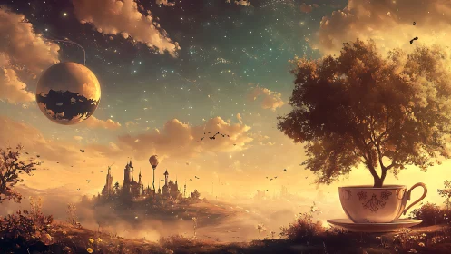 Surreal fantasy landscape with castle, orb and tea tree.