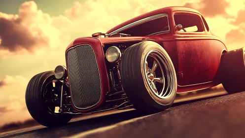 Sunset outlaw hot rod prowls the open asphalt horizon.