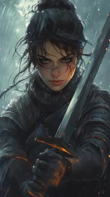 Stormlit warrior steadies her blade with fierce resolve