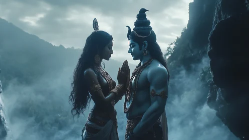 Divine lovers meet in misty mountains, palms joined in light.