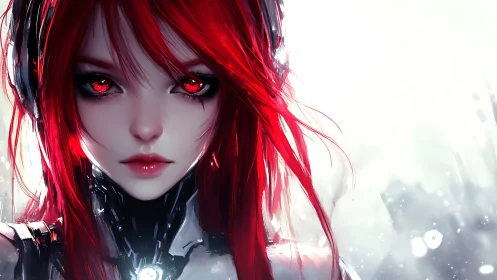 Red haired cyber girl with glowing mechanical eyes. Period.