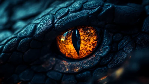 Firelit dragon eye glows against deep midnight scales.