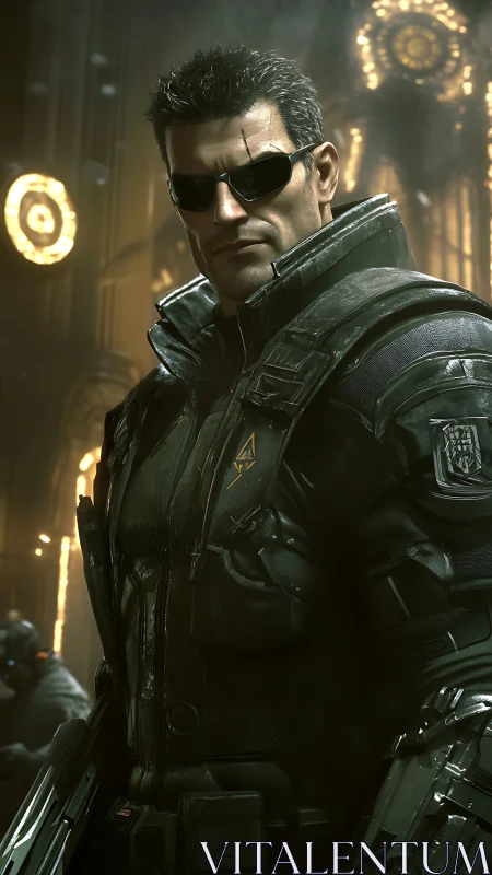 Augmented urban sentinel in neon cathedral armor vigil.