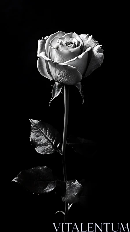 Monochrome macro photograph of single rose on black background.