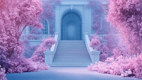 Enchanted pastel mansion steps glow in dreamy floral haze.
