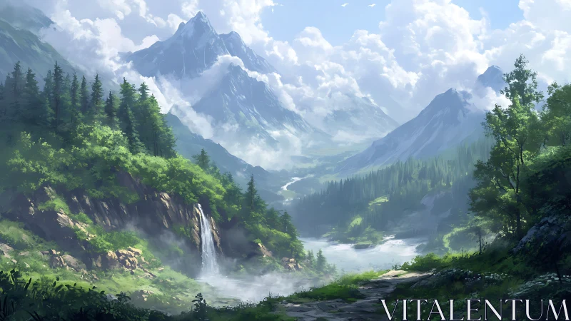 Mountain valley landscape with waterfall and river.