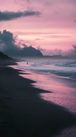 Pink dusk shoreline with silhouetted figures and receding tidal surf