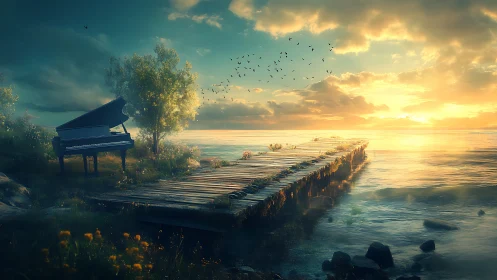 Sunset piano drifts at the edge of a dreaming wooden pier.